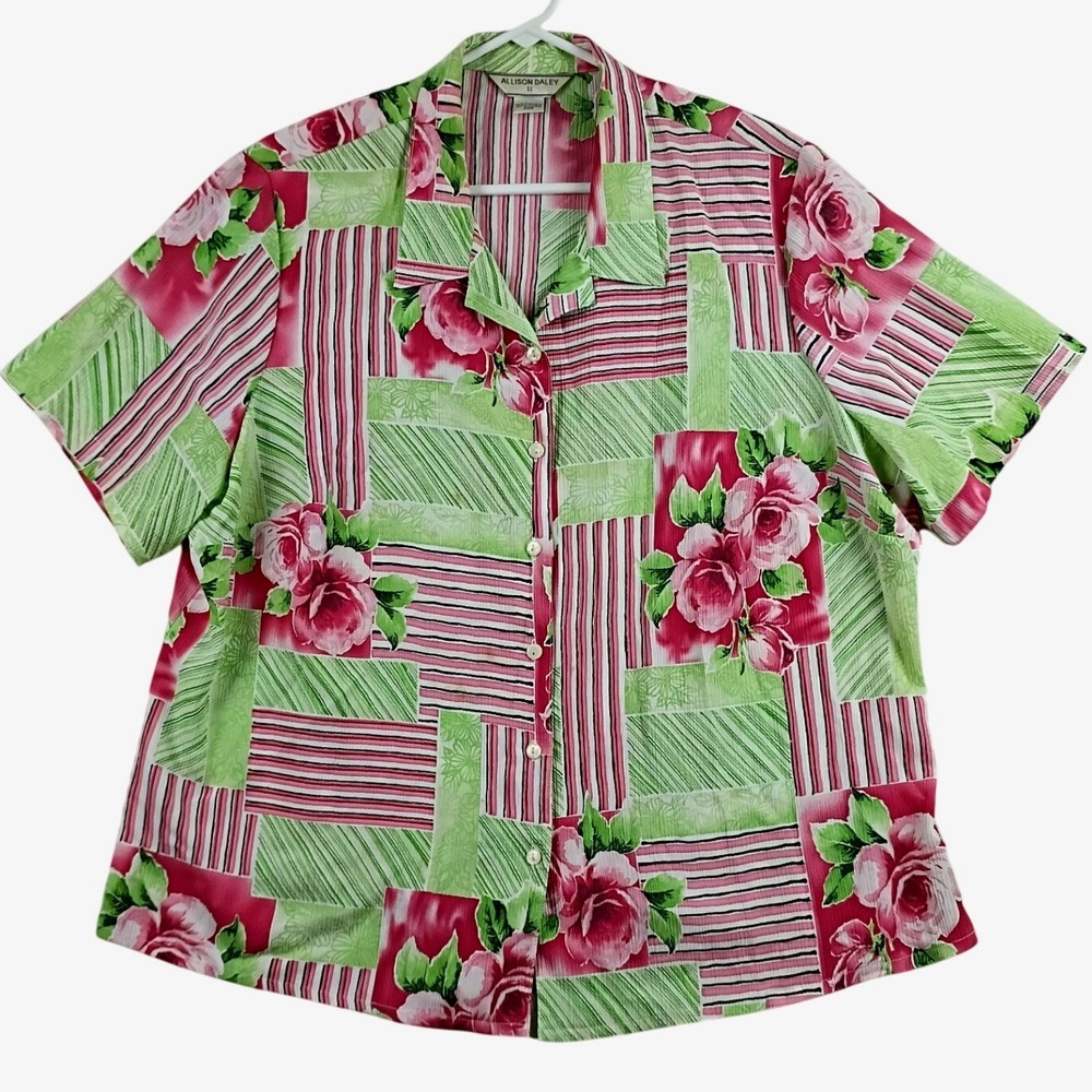 Allison Daley Button Up Blouse Women 22W Pink Green‎ Floral Stripe Seersucker